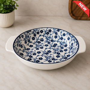 DANNY HOME BLUE FLORAL CERAMIC ROUND BAKING DISH WITH SIDE HANDLES - 8 INCHES
