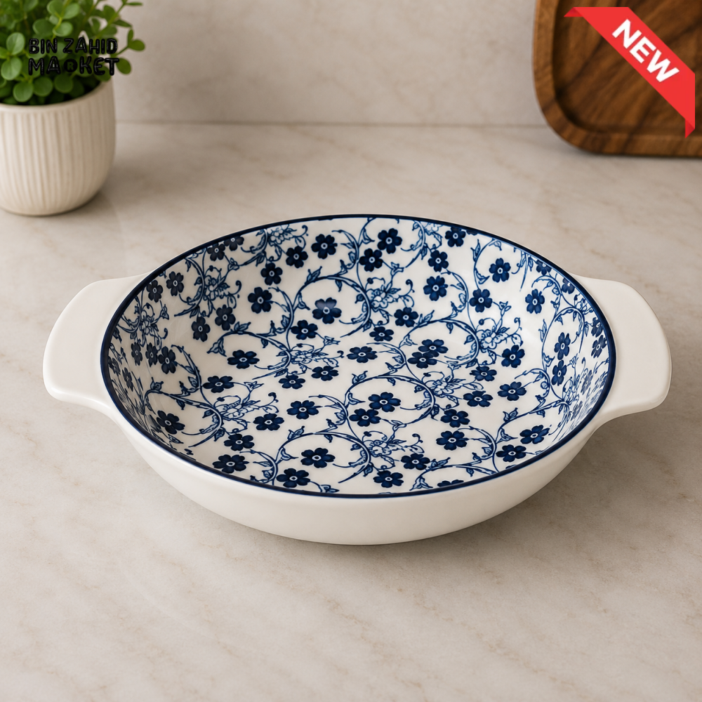 DANNY HOME BLUE FLORAL CERAMIC ROUND BAKING DISH WITH SIDE HANDLES - 8 INCHES