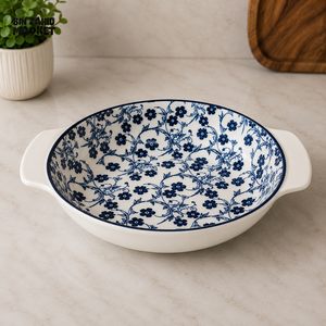 DANNY HOME BLUE FLORAL CERAMIC ROUND BAKING DISH WITH SIDE HANDLES - 8 INCHES