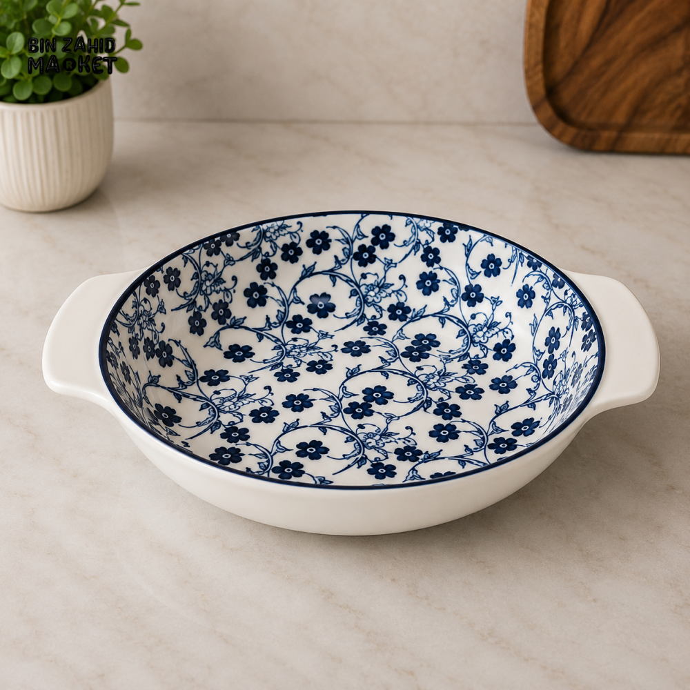 DANNY HOME BLUE FLORAL CERAMIC ROUND BAKING DISH WITH SIDE HANDLES - 8 INCHES