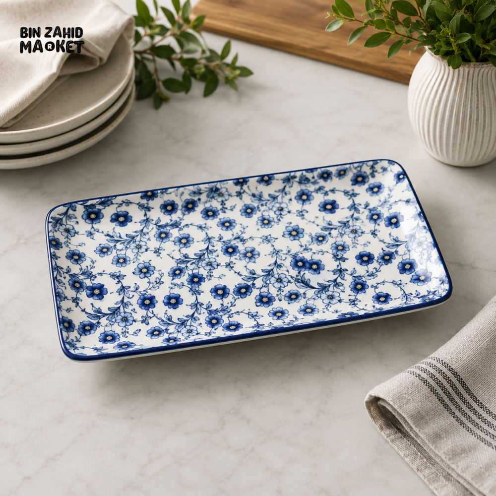 BLUE FLORAL PORCELAIN RECTANGULAR SERVING PLATTER 7.0 INCH – 70CFP