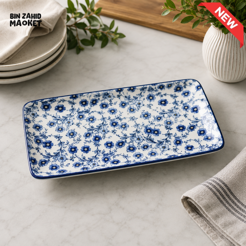 BLUE FLORAL PORCELAIN RECTANGULAR SERVING PLATTER 7.0 INCH – 70CFP