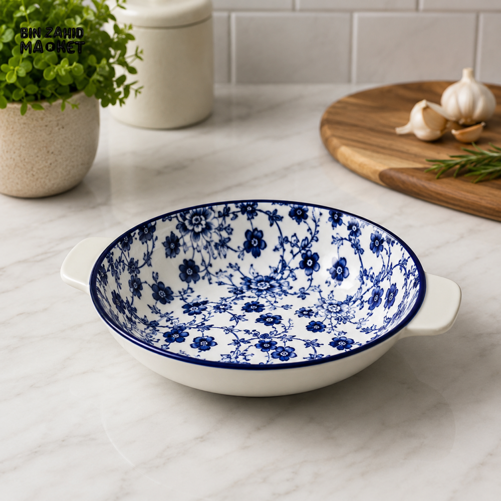 BLUE FLORAL PORCELAIN ROUND SERVING DISH WITH HANDLES – 1275TYKP
