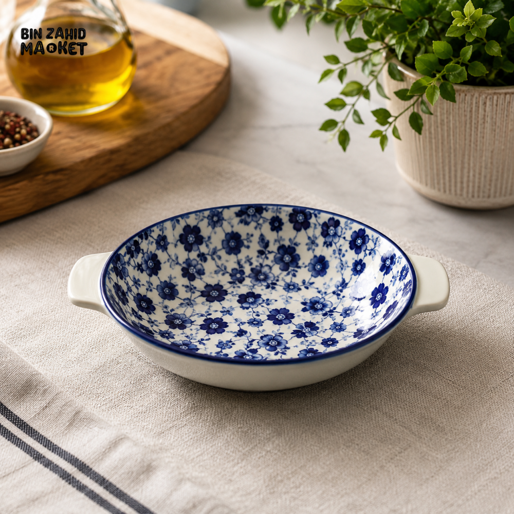 BLUE FLORAL PORCELAIN ROUND SERVING DISH WITH HANDLES 7.0 INCH – 70TYKP
