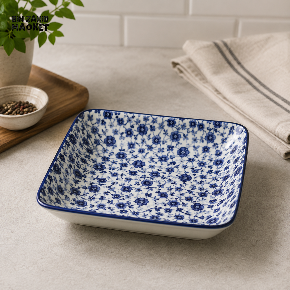 BLUE FLORAL PORCELAIN SQUARE SERVING PLATE 8.0 INCH – 80FTP