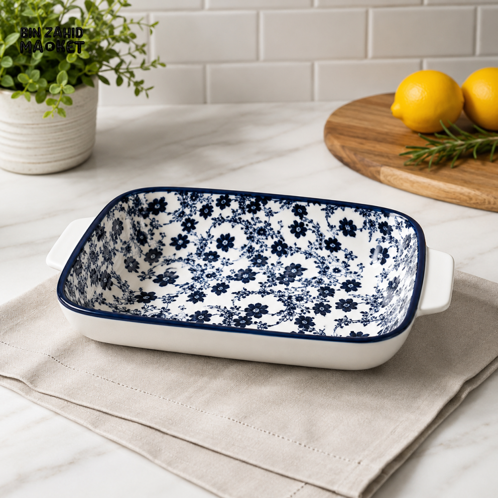 BLUE FLORAL RECTANGULAR PORCELAIN BAKING & SERVING DISH WITH HANDLES – 1275CFKP