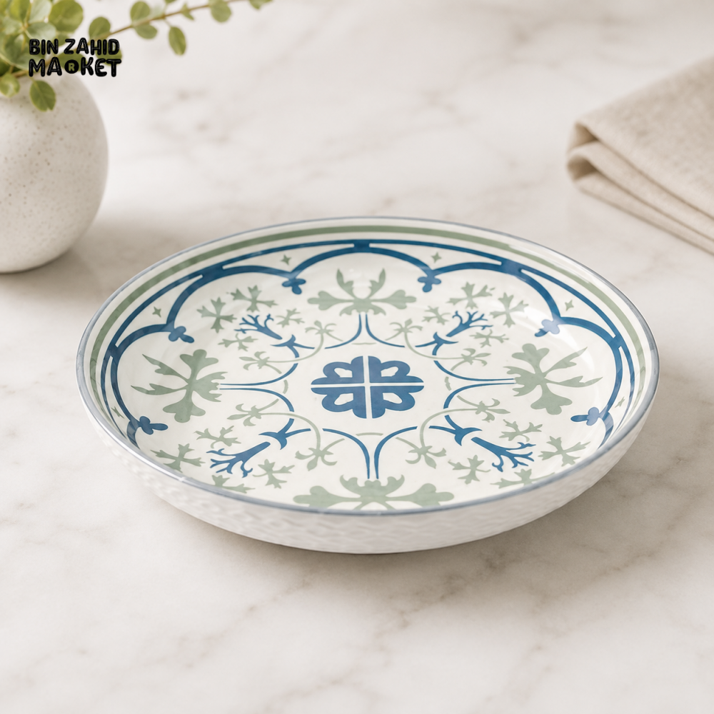 BLUE & GREEN FLORAL PATTERN CERAMIC SERVING PLATE
