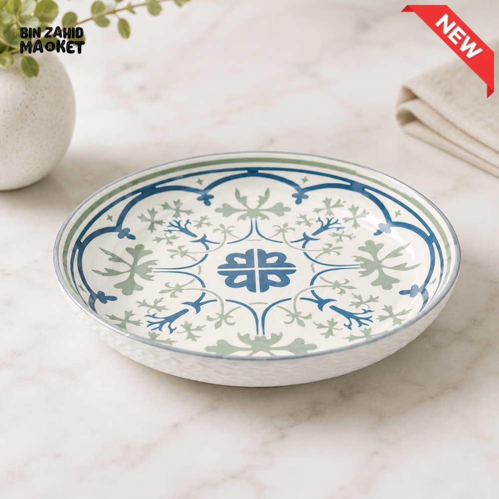BLUE & GREEN FLORAL PATTERN CERAMIC SERVING PLATE