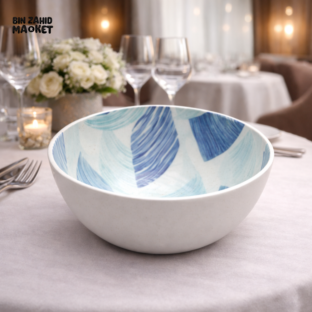 DANNY HOME BLUE LEAF CERAMIC SERVING BOWL – MODERN STONEWARE SOUP & SALAD BOWL FOR ELEGANT DINING TABLE