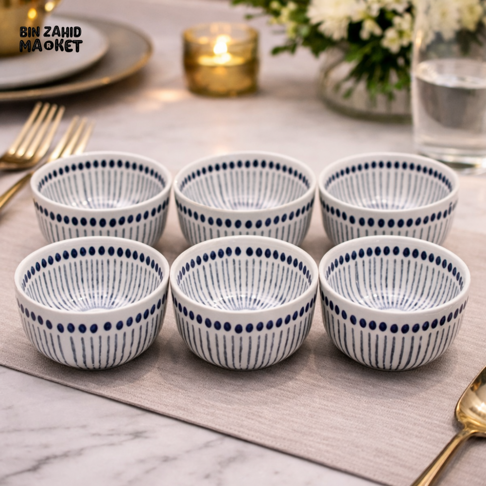 DANNY HOME BLUE PATTERN CERAMIC BOWL SET – 6 PIECE LUXURY DINING DESSERT & SNACK BOWLS -45ZKW