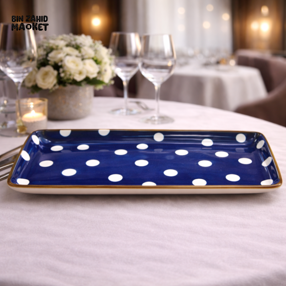DANNY HOME BLUE POLKA DOT CERAMIC RECTANGULAR SERVING PLATE – MODERN STONEWARE PLATTER FOR ELEGANT TABLE SETTING