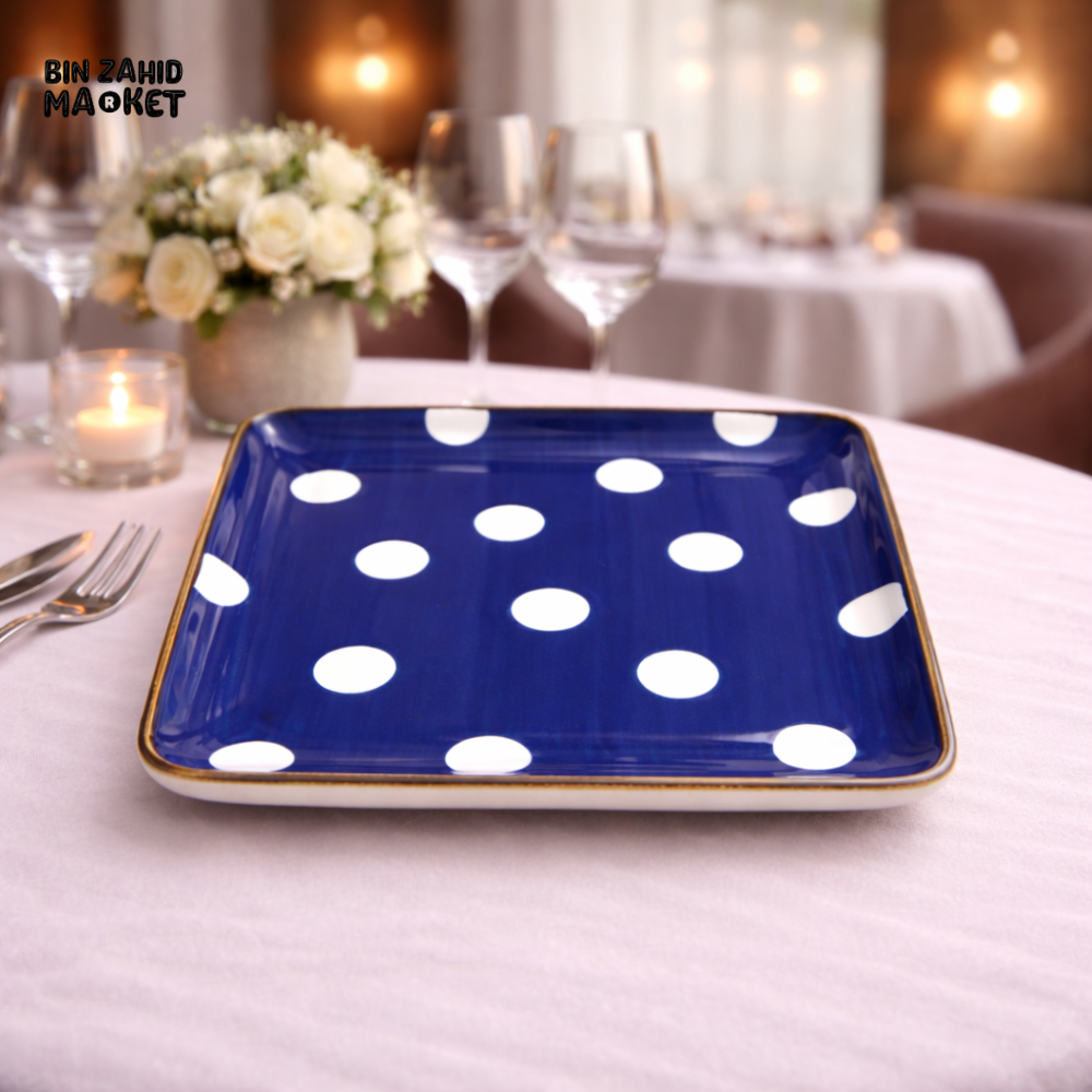 DANNY HOME BLUE POLKA DOT CERAMIC SQUARE DINNER PLATE – MODERN STONEWARE SERVING PLATE FOR ELEGANT TABLE SETTING