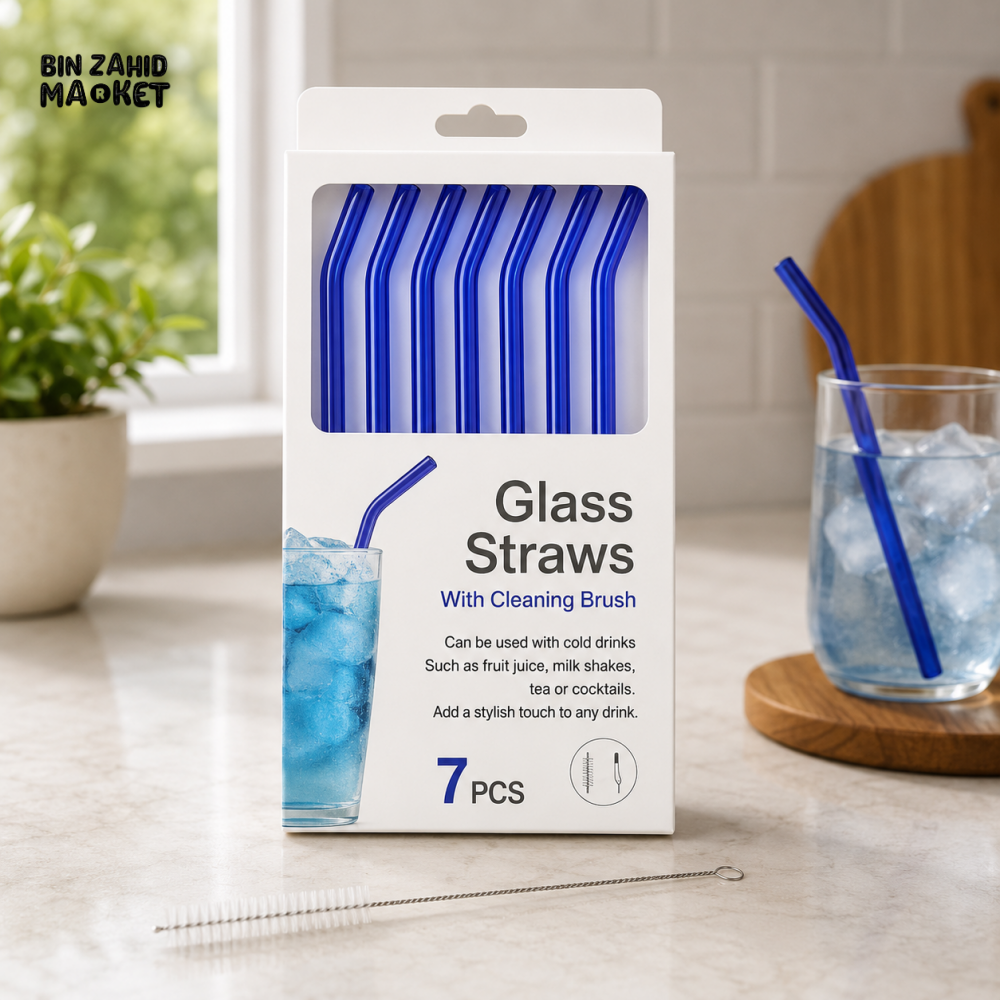 DANNY HOME BLUE REUSABLE GLASS DRINKING STRAWS SET WITH CLEANING BRUSH - 7 PIECE SET