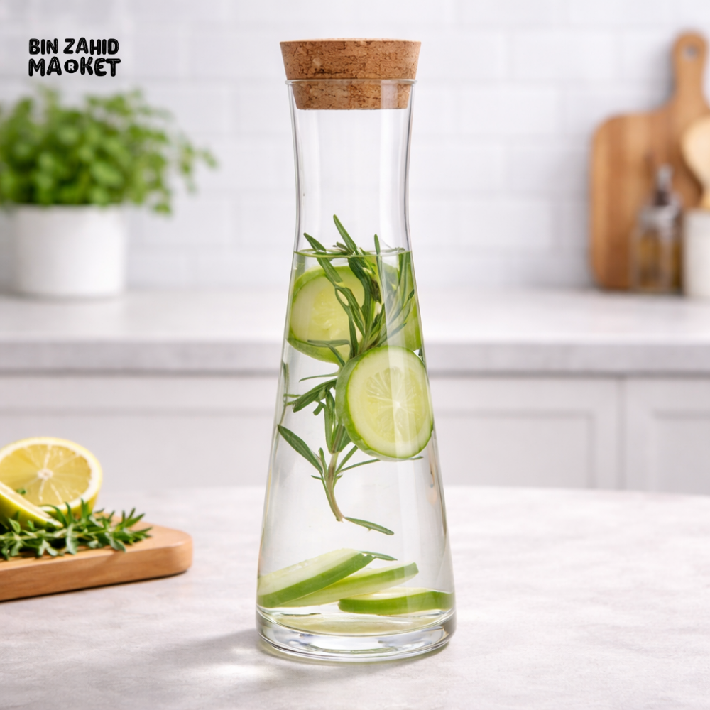DANNY HOME BOROSILICATE GLASS WATER BOTTLE CARAFE WITH CORK STOPPER SLIM DRINK SERVING BOTTLE XF025