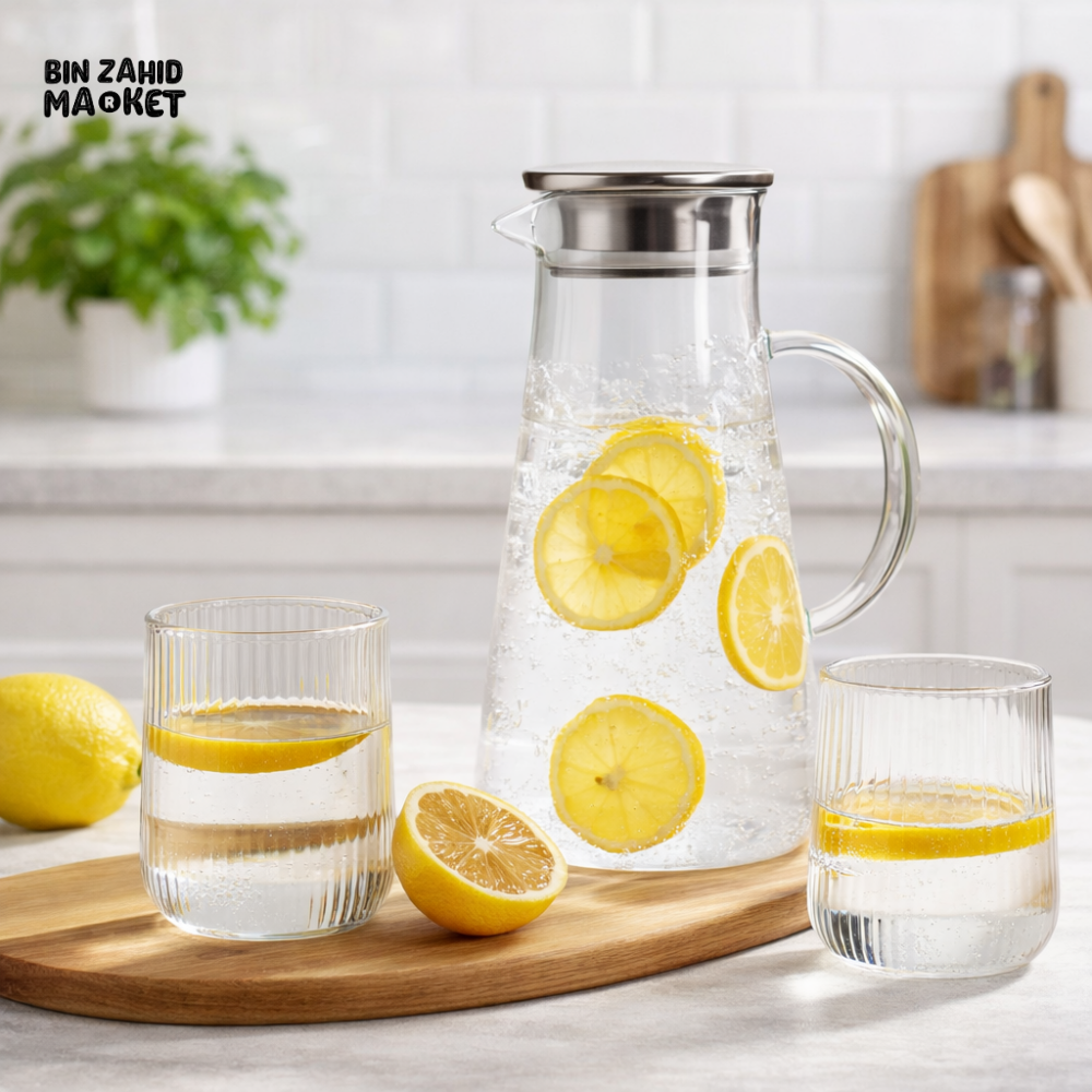 DANNY HOME BOROSILICATE GLASS WATER JUG & TUMBLER SET 5PCS PREMIUM CLEAR DRINKWARE SERVING SET XF5T-02