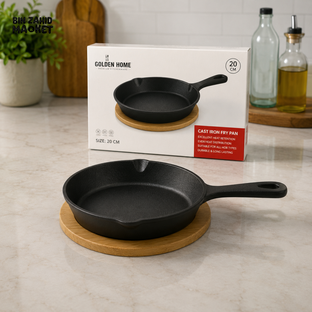 DANNY HOME CAST IRON MINI FRY PAN WITH WOODEN SERVING BASE - ZYB194