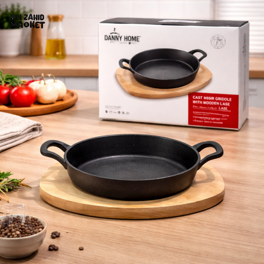 ZYB198 CAST IRON RECTANGULAR SIZZLER GRIDDLE PAN 22CM WITH WOODEN BASE – HEAVY DUTY STEAK SERVING PLATE WITH DOUBLE