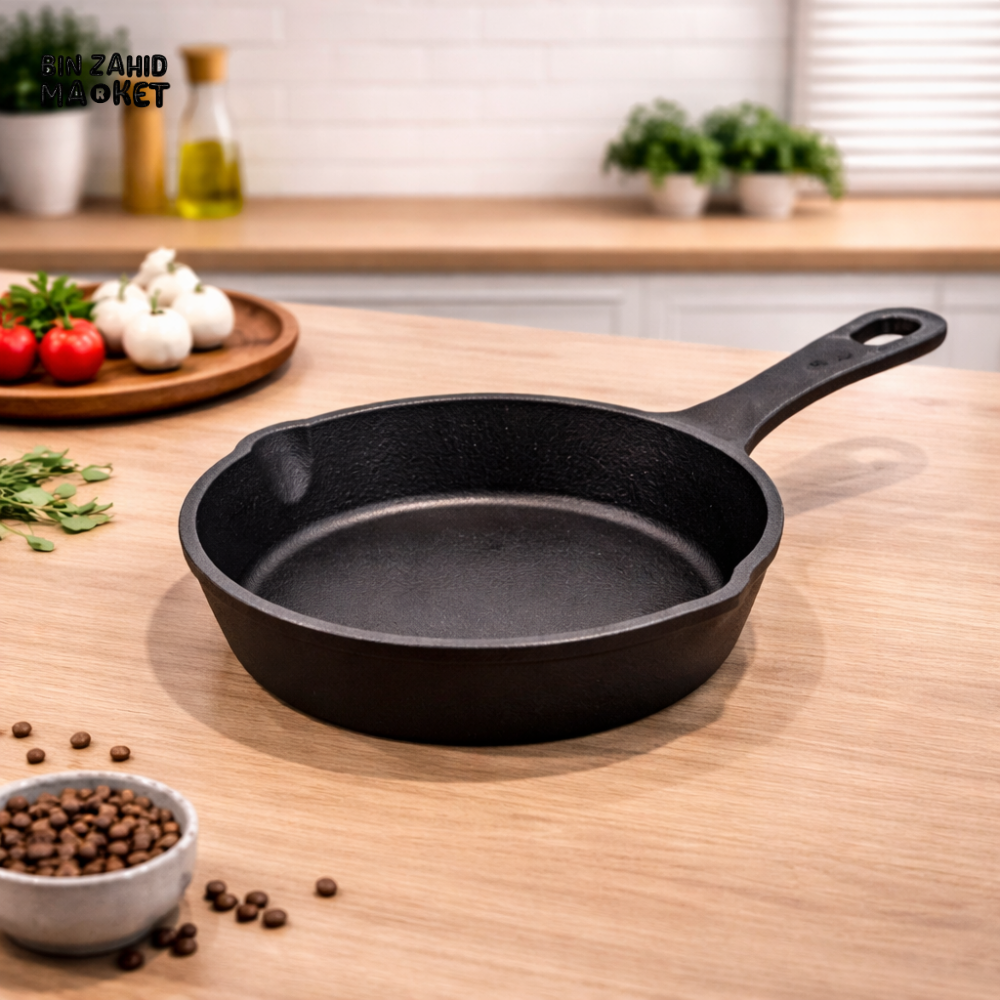 CAST IRON SKILLET 25.5CM PRE-SEASONED FRYING PAN – HEAVY DUTY NON-STICK ROUND COOKING PAN WITH HANDLE