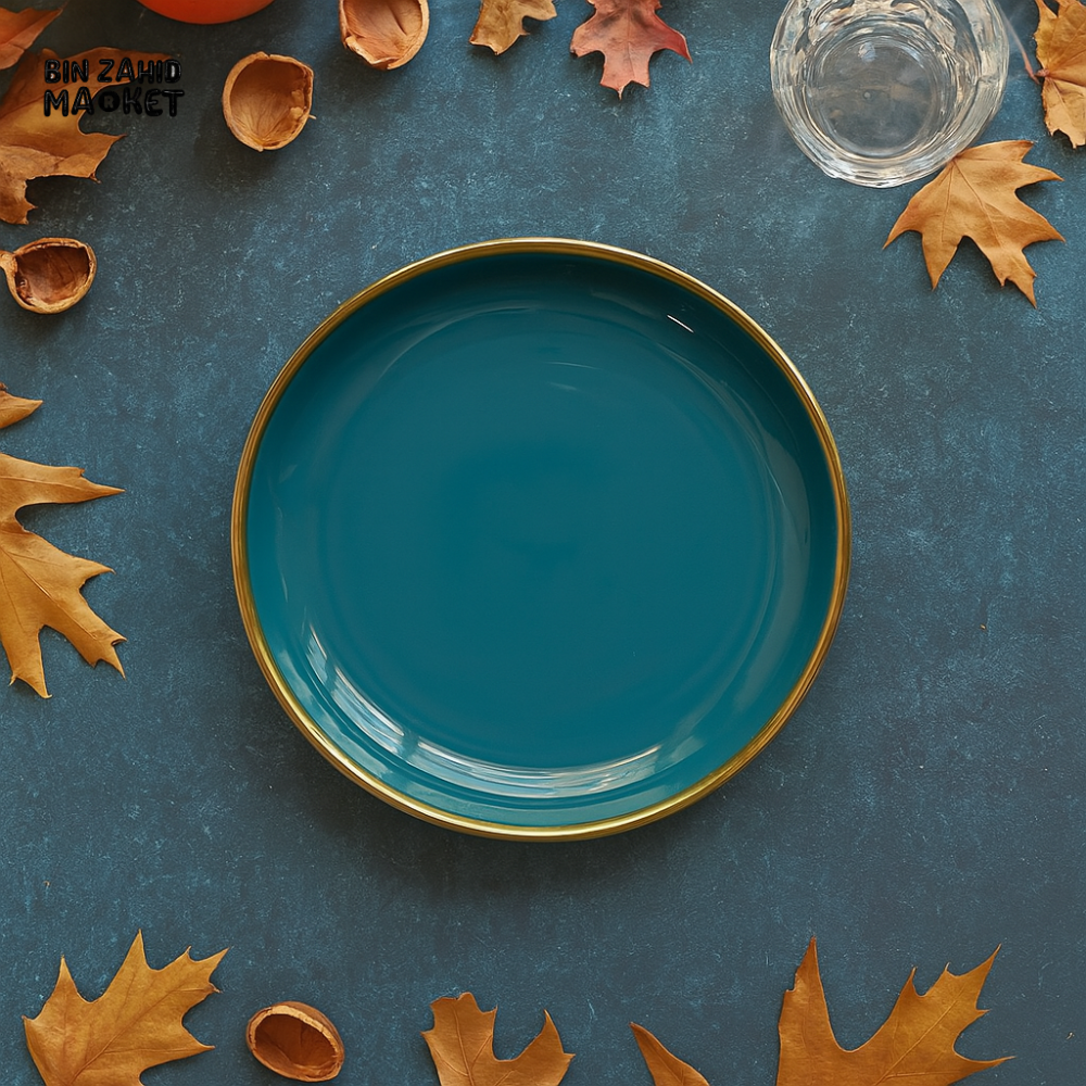 DANNY HOME CERAMIC DINNER PLATE – GLOSSY TEAL FINISH WITH GOLD RIM FOR LUXURY DINING EXPERIENCE