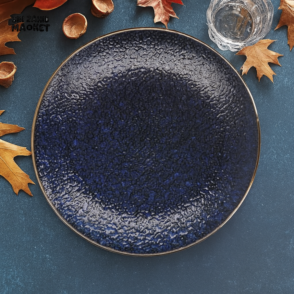 DANNY HOME CERAMIC DINNER PLATE – TEXTURED DEEP BLUE DESIGN WITH GOLD RIM FOR LUXURY TABLE SETTING