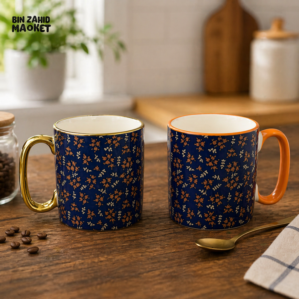 DANNY HOME CERAMIC FLORAL PRINT 310ML MUG 2PCS GIFT SET PREMIUM DRINKWARE KITCHEN TABLEWARE WITH CONTRAST HANDLE DESIGN