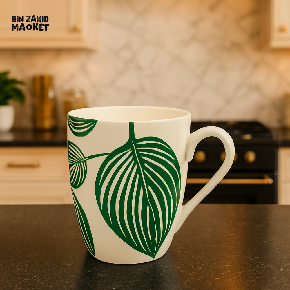 DANNY HOME CERAMIC MUG WITH GREEN LEAF PRINT – LUXURY KITCHEN COFFEE CUP