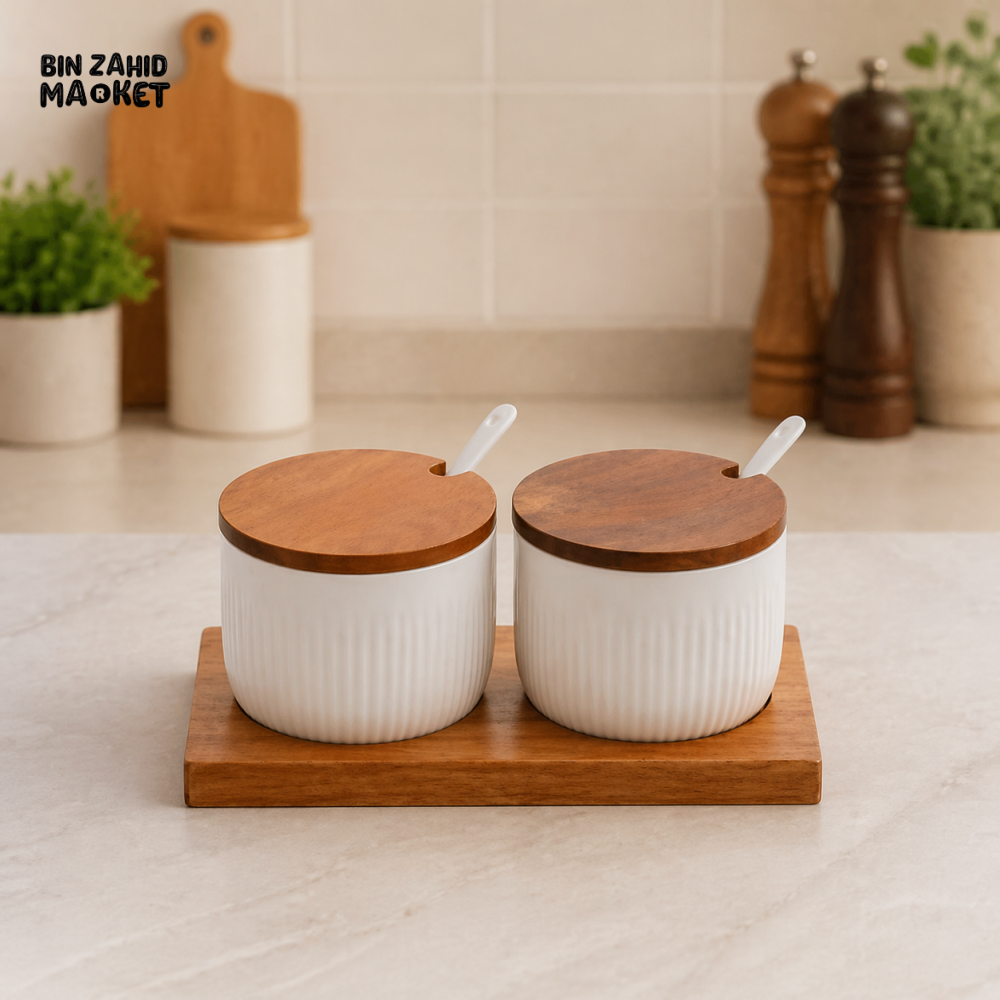 DANNY HOME CERAMIC SEASONING JAR SET WITH WOODEN LID & SPOON ON TRAY (3PCS SET) CPK-078