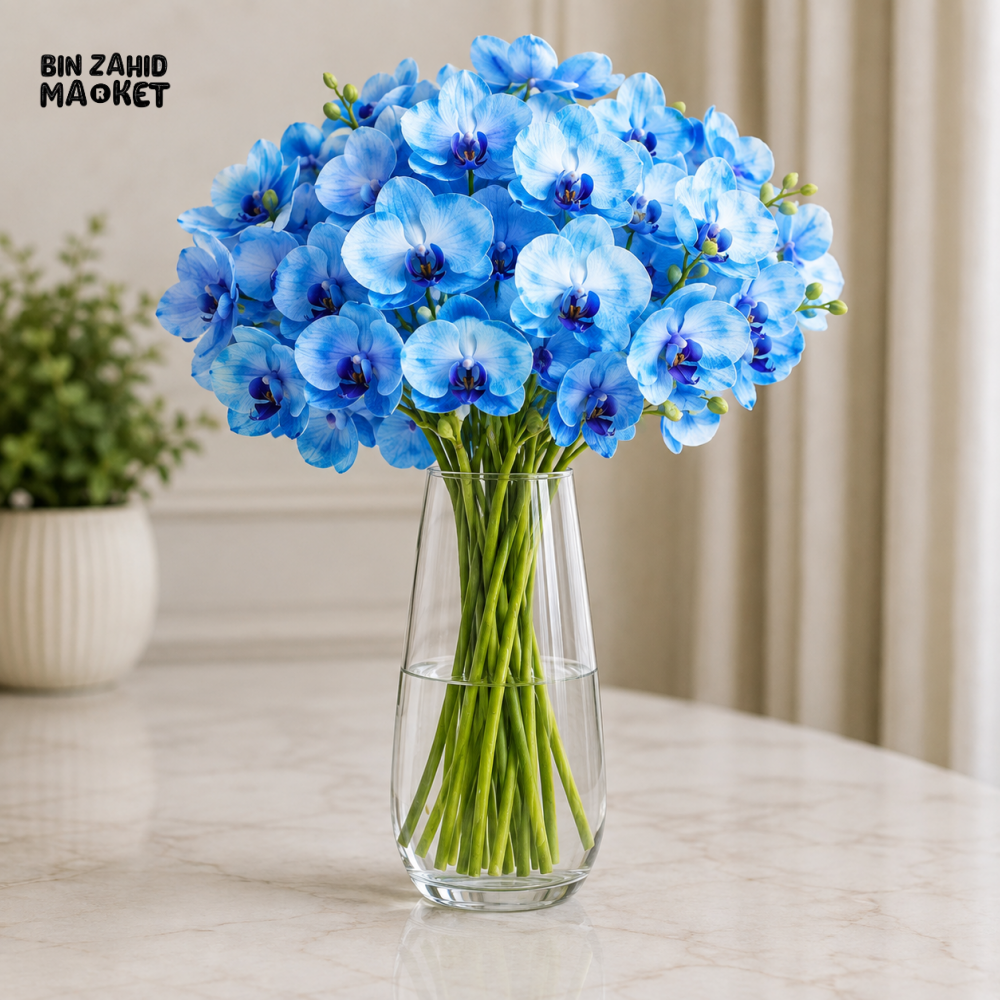 DANNY HOME CLEAR GLASS FLOWER VASE WITH BLUE ARTIFICIAL ORCHIDS - 1840 ml