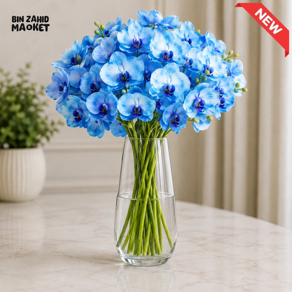 DANNY HOME CLEAR GLASS FLOWER VASE WITH BLUE ARTIFICIAL ORCHIDS - 1840 ml