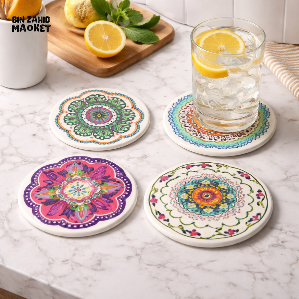 SET OF 4 COLORFUL MANDALA CERAMIC DRINK COASTERS