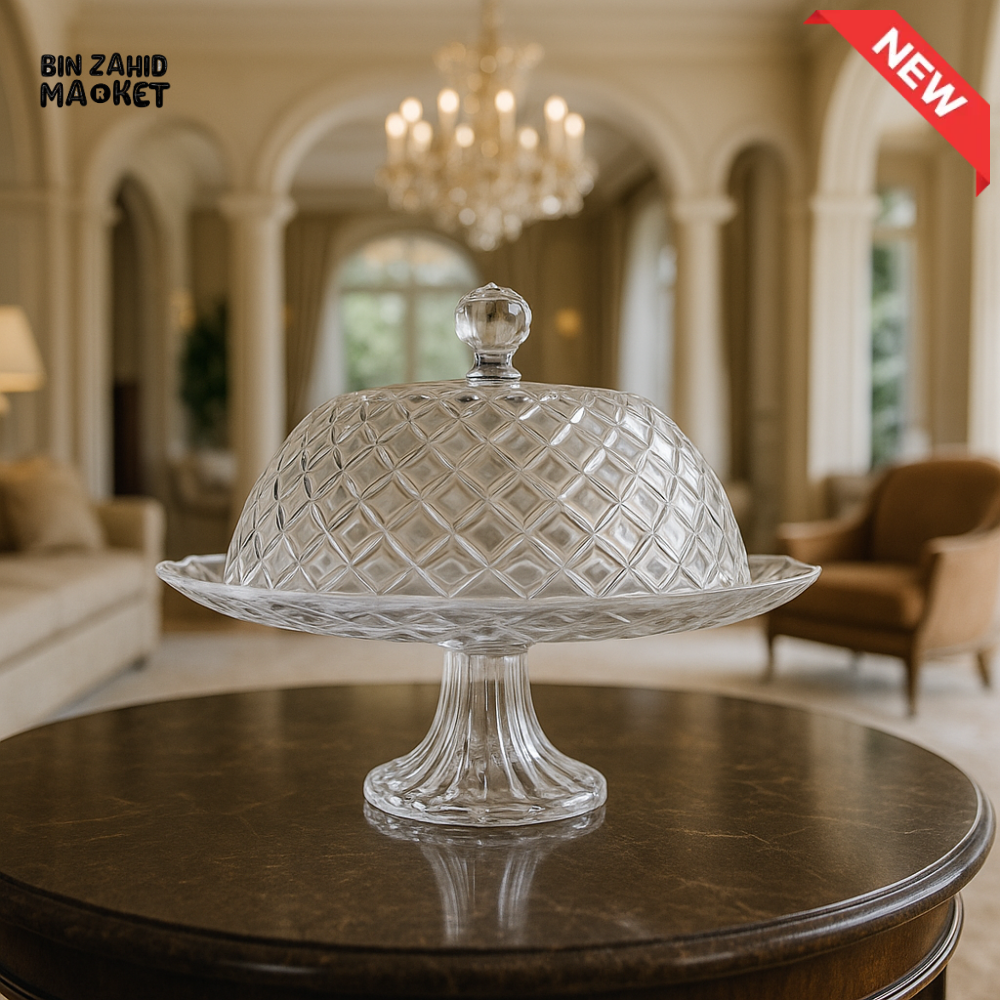 DANNY HOME CRYSTAL CAKE STAND WITH LID – ELEGANT GLASS DESSERT DISPLAY PLATE FOR KITCHEN & PARTIES SD 029