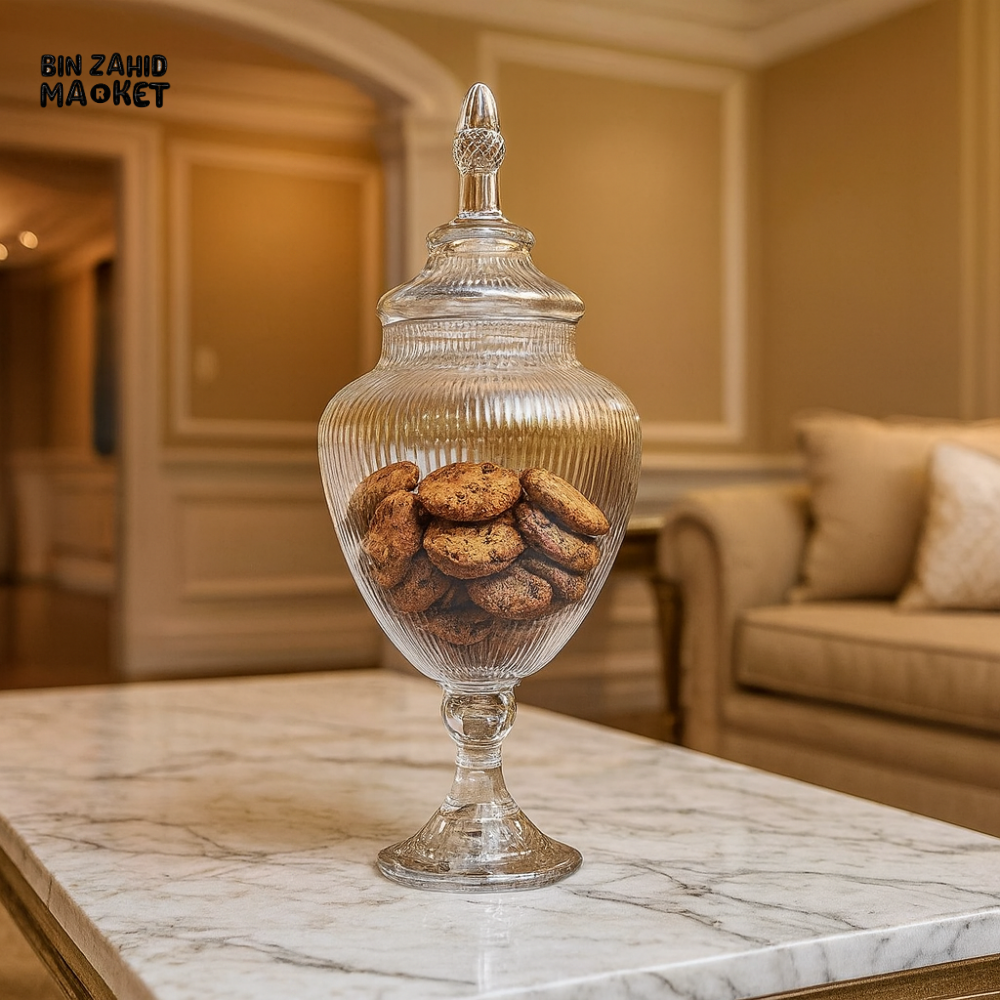 DANNY HOME CRYSTAL GLASS BISCUIT JAR WITH LID – LUXURY VILLA TABLETOP COOKIE CONTAINER CB 61