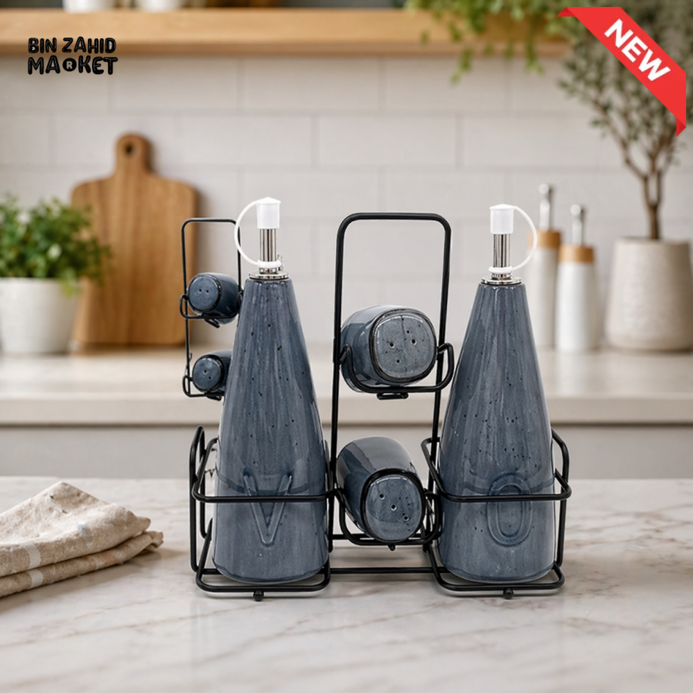 DANNY HOME CZT05-133 5PCS OIL & VINEGAR CRUET SET WITH METAL CADDY STAND – GLASS CONDIMENT DISPENSER SET FOR KITCHEN &