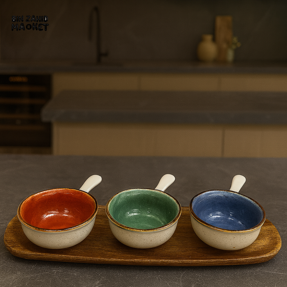 DANNY HOME CZT21-62 DESSERT SET – 5.25" CERAMIC DISHES WITH WOODEN TRAY 3 PIECE SERVING SET