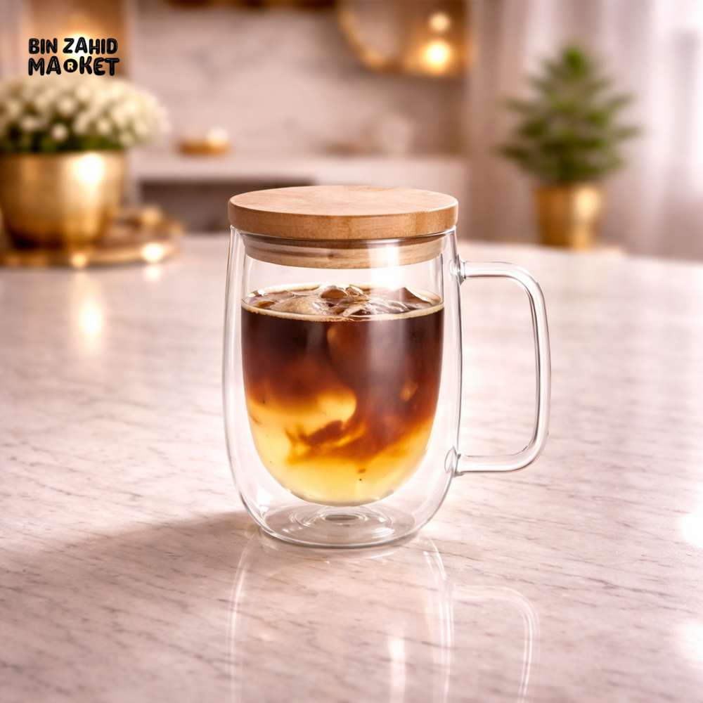 DANNY HOME DOUBLE WALL GLASS COFFEE MUG 350ML WITH BAMBOO LID -DW05-01