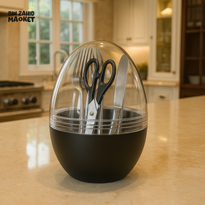 DANNY HOME EGG SHAPE CUTLERY HOLDER WITH TRANSPARENT COVER – MODERN KITCHEN TABLETOP ORGANIZER BLACK EGB