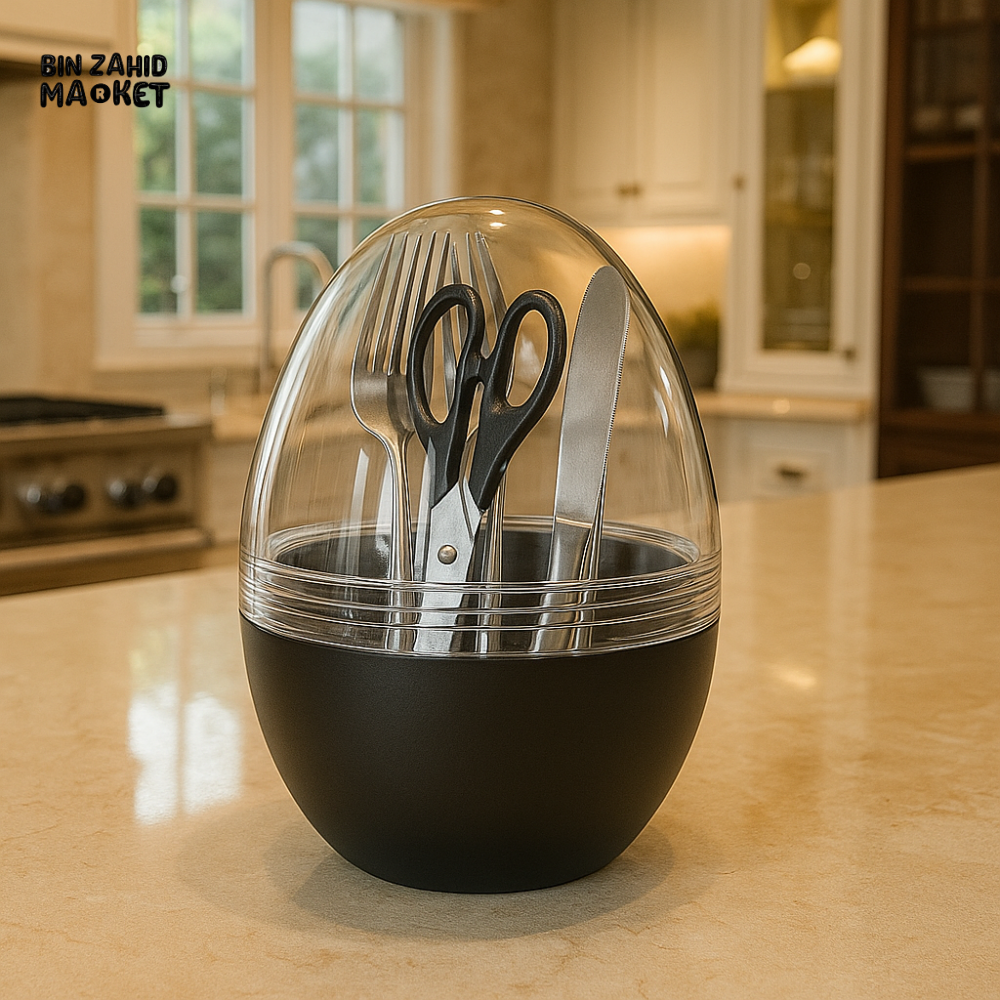 DANNY HOME EGG SHAPE CUTLERY HOLDER WITH TRANSPARENT COVER – MODERN KITCHEN TABLETOP ORGANIZER BLACK EGB