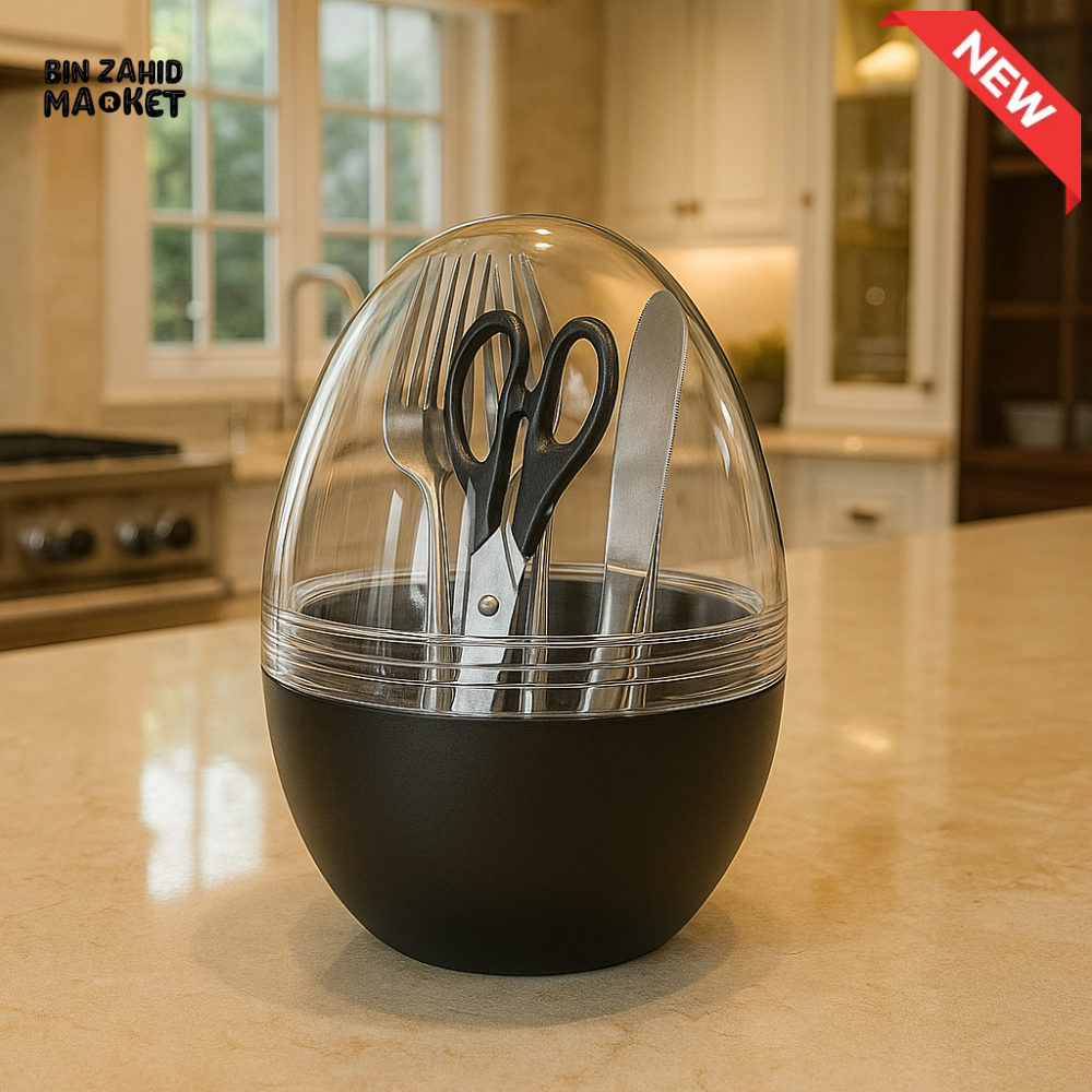 DANNY HOME EGG SHAPE CUTLERY HOLDER WITH TRANSPARENT COVER – MODERN KITCHEN TABLETOP ORGANIZER BLACK EGB