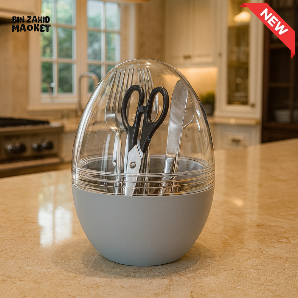 DANNY HOME EGG SHAPE CUTLERY HOLDER WITH TRANSPARENT COVER – MODERN KITCHEN TABLETOP ORGANIZER WHITE EGW
