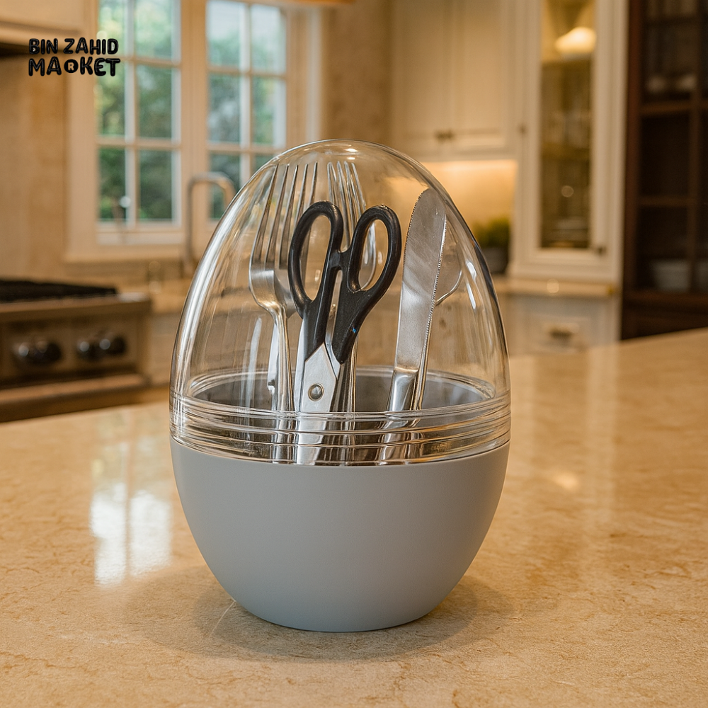 DANNY HOME EGG SHAPE CUTLERY HOLDER WITH TRANSPARENT COVER – MODERN KITCHEN TABLETOP ORGANIZER WHITE EGW