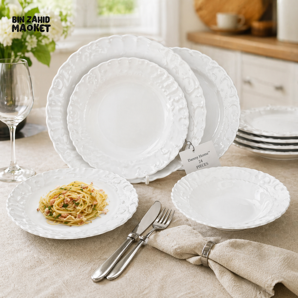 DANNY HOME ELEGANT WHITE EMBOSSED OPAL GLASS DINNER SET 24PCS SERVICE FOR 6 LXP24F-Q