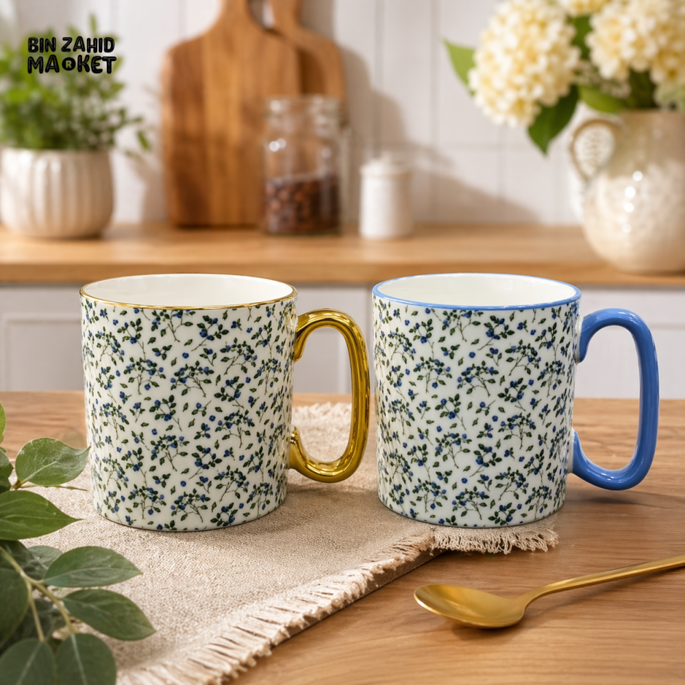 DANNY HOME FLORAL CERAMIC MUG 2PCS GIFT SET 310ML GOLD & BLUE HANDLE PREMIUM PORCELAIN COFFEE CUPS BZ01-55-2