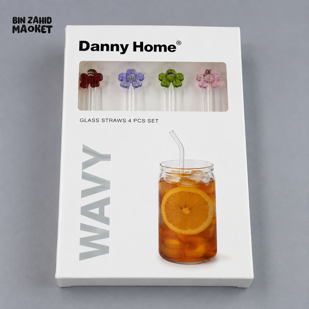 DANNY HOME FLOWER DESIGN REUSABLE GLASS DRINKING STRAWS SET - 5 PIECE SET