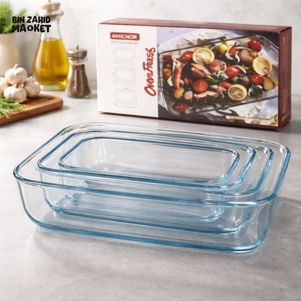 DANNY HOME GLASS 3PCS OVEN BAKING DISH SET (1L 1.6L 2.2L) RECTANGULAR HEAT RESISTANT BAKEWARE SET KP011