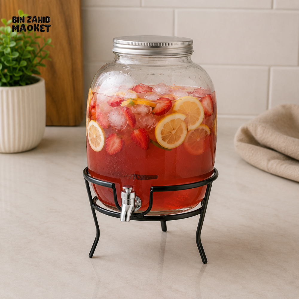 DANNY HOME GLASS BEVERAGE DISPENSER WITH TAP AND METAL STAND - 8 LITERS