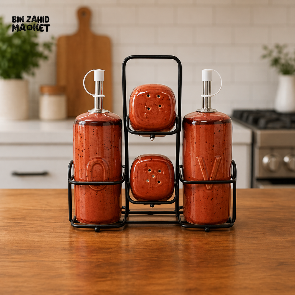 DANNY HOME GLASS CONDIMENT CASTOR SET WITH METAL STAND 5PCS SET CZT03-133