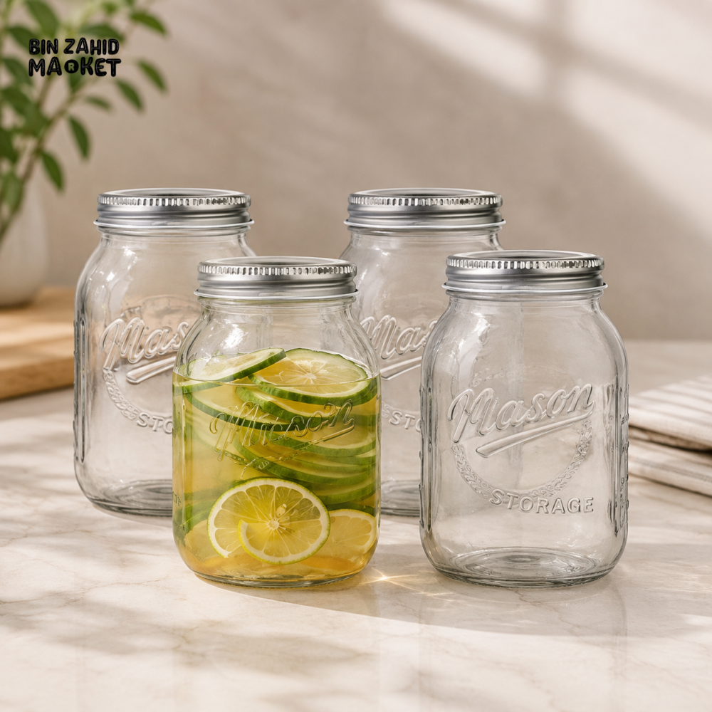 GLASS MASON STORAGE JARS WITH METAL LIDS - 6 PIECE