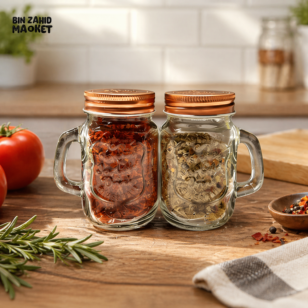 DANNY HOME GLASS MINI MASON JAR SPICE CONTAINERS SET WITH HANDLE 120ML SALT & PEPPER SHAKERS 2PCS CASTOR 2PCS SET 120ML