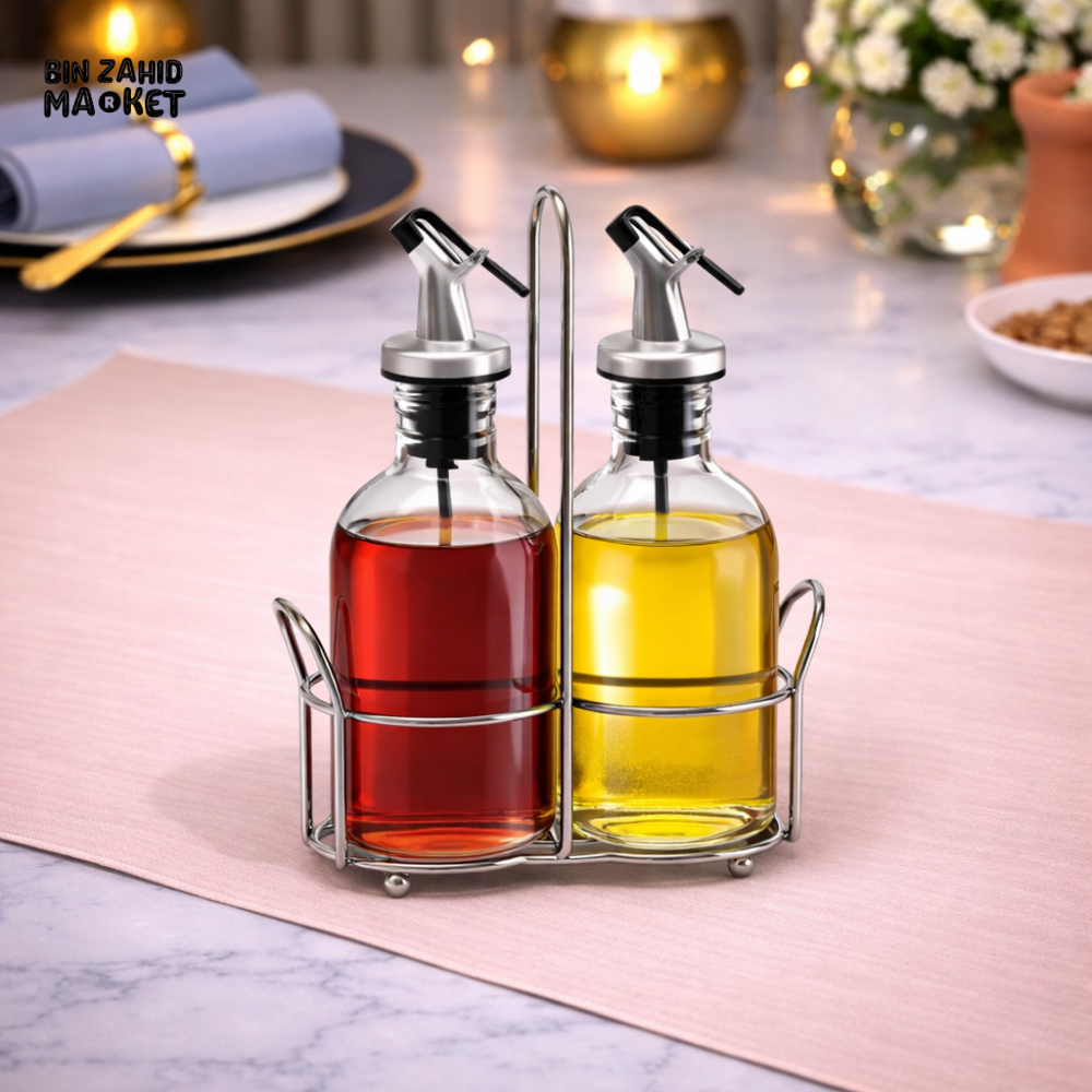 DANNY HOME GLASS OIL & VINEGAR DISPENSER SET WITH METAL STAND -SD-002
