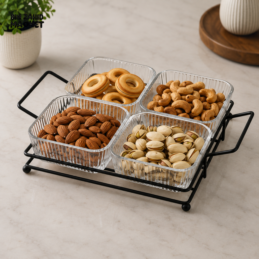 DANNY HOME GLASS SNACK SERVING BOWL SET WITH METAL STAND - 4 PIECES